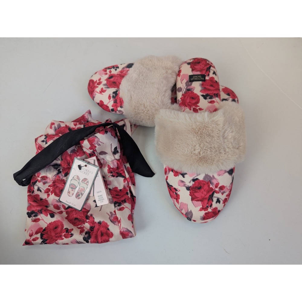 Victoria's Secret Slippers Size S Red Floral Satin Fur Trim House Shoes Cozy